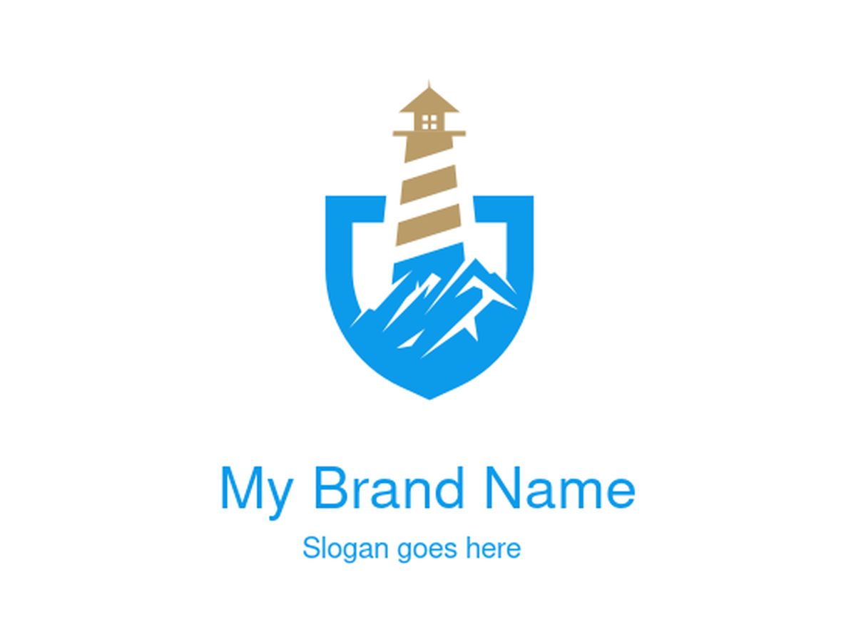 Blue Shield with Lighthouse and Mountain Logo Design for Coastal Safety and Adventure Brands